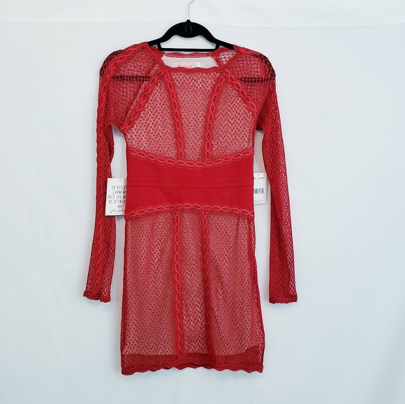 NWT Free People Lace Mixed Mesh Bodycon Dress Red - Picture 2 of 12